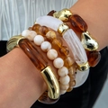 Chunky acrylic resin bracelet set with tortoiseshell patterns and golden metal tubes - Tortoise and Marble Pattern Stacking Bangle Set (31049)