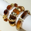 Three-piece chunky amber acrylic and gold metal beaded bracelet set for women - Amber and Gold Spliced 3-Piece Set (31288)