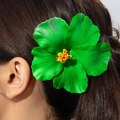 Close-up of a vibrant green tropical flower hair clip with realistic textures and yellow stamens - Green Hibiscus (31350-hp-green-EP)