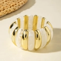 Elastic bracelet set featuring polished gold metal and white marble resin segments - Gold and White Marble Spliced Bangle (31193)
