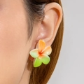 Close-up of tropical frangipani flower stud earrings with vibrant orange-green gradient - Orange-Green Gradient