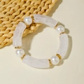 Elastic beaded bracelet with white marble acrylic tubes and faux pearls in gold finish - Artificial Pearl and White Marble Tube Bracelet (31169)