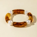 Elegant beaded bracelet with amber resin tubes and white faux pearls in gold finish - Amber Texture Tube and Artificial Pearl Bracelet (29808)