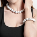 Halloween pumpkin smile beaded necklace and bracelet jewelry set on model for festive style - White Pumpkin Necklace Bracelet Set (30076-BN-white-set)