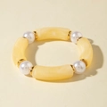 Elastic beaded bracelet with yellow acrylic tubes, white pearls and gold metal spacers - Yellow Tube and Artificial Pearl Bracelet (29808)