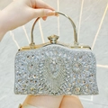 Dettaglio di borsa da sera argento con motivo a piuma di pavone in strass lucidi - Argento