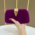Elegant purple velvet evening clutch bag with a golden leaf-shaped metal clasp buckle - Purple