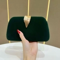 Deep forest green velvet clutch bag with elegant golden leaf clasp for evening parties - Green