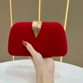 Elegant red velvet evening clutch bag featuring a gold leaf metal clasp for formal party - Wine Red