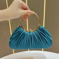 Elegant peacock blue pleated evening clutch with round gold metal handle and luxury finish - Green