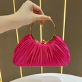 Elegant pleated evening clutch bag in vibrant fuchsia with a large golden circular handle - Deep Rose Red