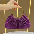 Elegant purple pleated evening clutch bag with round gold metal handle and bead lock - Purple
