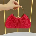 Red pleated satin evening clutch bag with golden circular ring handle for women - Red