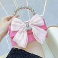 Borsa da sera in raso rosa con fiocco a coniglio in cristallo e manico in perle - Rosa Rosso