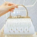 Elegant white evening clutch with silver rhinestone fringe and a gold metal handle - White