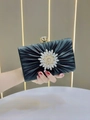 Elegant black silk evening clutch featuring a pleated sunburst pattern and crystal sunflower - Black (Gold Hardware)