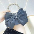 Elegant black satin evening clutch with large bow, bunny charm, and silver bead handle - Black
