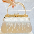 Elegante champagnergoldene Abendtasche mit funkelnden Strassfransen und Ringgriff - Champagner