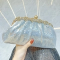 Elegant silver sequin clutch bag with golden floral rhinestone clasp and cloud shape - Silver