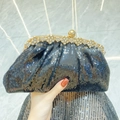 Elegant black sequin clutch bag with gold frame and floral rhinestone clasp for parties - Black