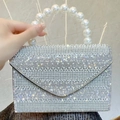 Elegante borsa da sera argentata con strass e manico di perle per eventi formali - Nero