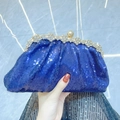 Elegant royal blue sequin clutch bag with crystal buckle detail for evening parties - Blue