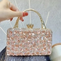 Sparkly rose gold evening clutch with pink crystals and round gold top handle - Champagne