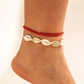 Conjunto de dos tobilleras bohemias con cuentas rojas y conchas naturales y oro - Estilo Rojo (29137-red)