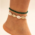 Conjunto de tobilleras bohemias con cuentas verde oscuro y conchas naturales - Estilo Verde Oscuro (29137-dark green)