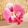Detailed close-up of realistic orchid brooch with pink petals on woven background - Pink White Gradient Style (29517-2)