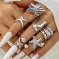 Ensemble de bagues bohèmes argentées avec motifs étoile de mer, fleur et perle - Style Étoile de Mer Florale (29679-S-3) / Argent