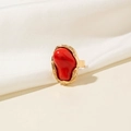 Macro detail of retro gold ring featuring a large irregular red resin cabochon and lava texture - Vintage Exaggerated Ring (28985-r-red-2) / Bright Red Resin