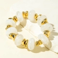 Chunky white resin bead bracelet with polished gold metal spacers for women - Cloud Texture Beads and Mirror Metal Bracelet (31605)