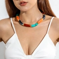 Colorful acrylic tube beaded necklace with marbled finish and gold spacer rings - Spliced Tube Necklace (29808-B) / Multicolor