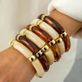Chic amber and cream acrylic tube bead stretch bracelet set with gold spacers - Amber Cream Color Block Six-Layer Stacking Bracelet (31654)
