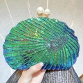 Blue-green gradient sequined shell evening clutch bag with pearl clasp closure - Green