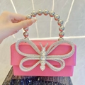 Rose pink silk satin evening clutch bag with sparkling rhinestone butterfly and bead handle - Rose Red