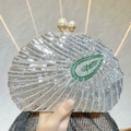Shell shaped silver sequin evening clutch bag with green bead geometric patterns - Silver