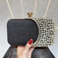Elegant black glitter evening clutch with sparkling silver rhinestones and gold metal trim - Black