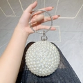Elegant round pearl evening bag with silver rhinestone handle and chain for parties - Silver