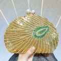 Elegant gold sequin evening clutch bag with green leaf pattern and pearl clasp - Gold