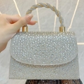 Bolso de noche de lujo plateado con pedrería y asa en espiral dorada - Dorado