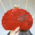 Red beaded shell evening clutch bag with sequins and pearl clasp for formal events - Red