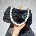 Luxury black sequin evening clutch bag with elegant pearl handle and metal clasp - Black