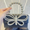 Elegant black satin evening clutch bag with crystal butterfly and silver bead handle - Black