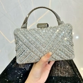 Silver rhinestone evening clutch with geometric sparkling crystal patterns and metal handle - Silver