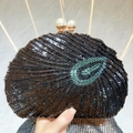 Vintage black beaded clutch with green sequins, handmade patterns and pearl clasp - Black