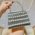 Luxurious black evening bag with silver rhinestones and white pearls handheld style - Black