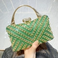 Elegant emerald green rhinestone evening clutch bag with gold trim and geometric V-patterns - Green