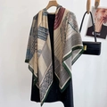 Silky forest green and brick red geometric pattern scarf for women styled as a shawl - 130*130cm / WS-1-Beige